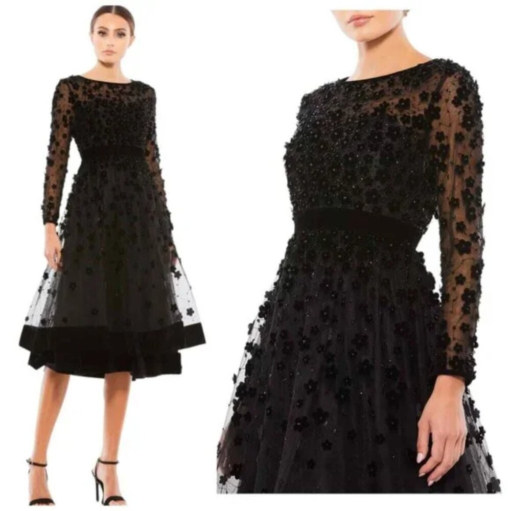 Mac Duggal Black Velvet Embellished Illusion Long Sleeve A-Line Midi Dress. 6